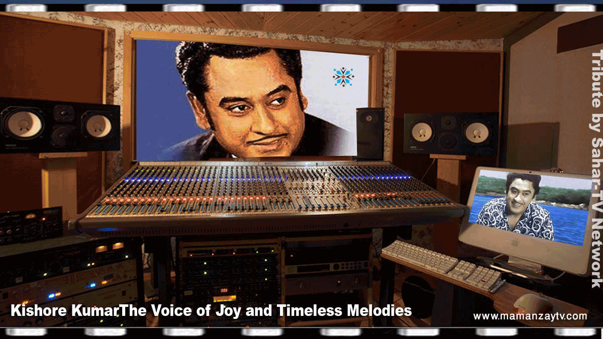 Feature tribute postcard showcasing legendary playback singer Kishore Kumar within a professional recording studio setting, celebrating his timeless melodies, joyful performances, and enduring contribution to Indian cinema and music.