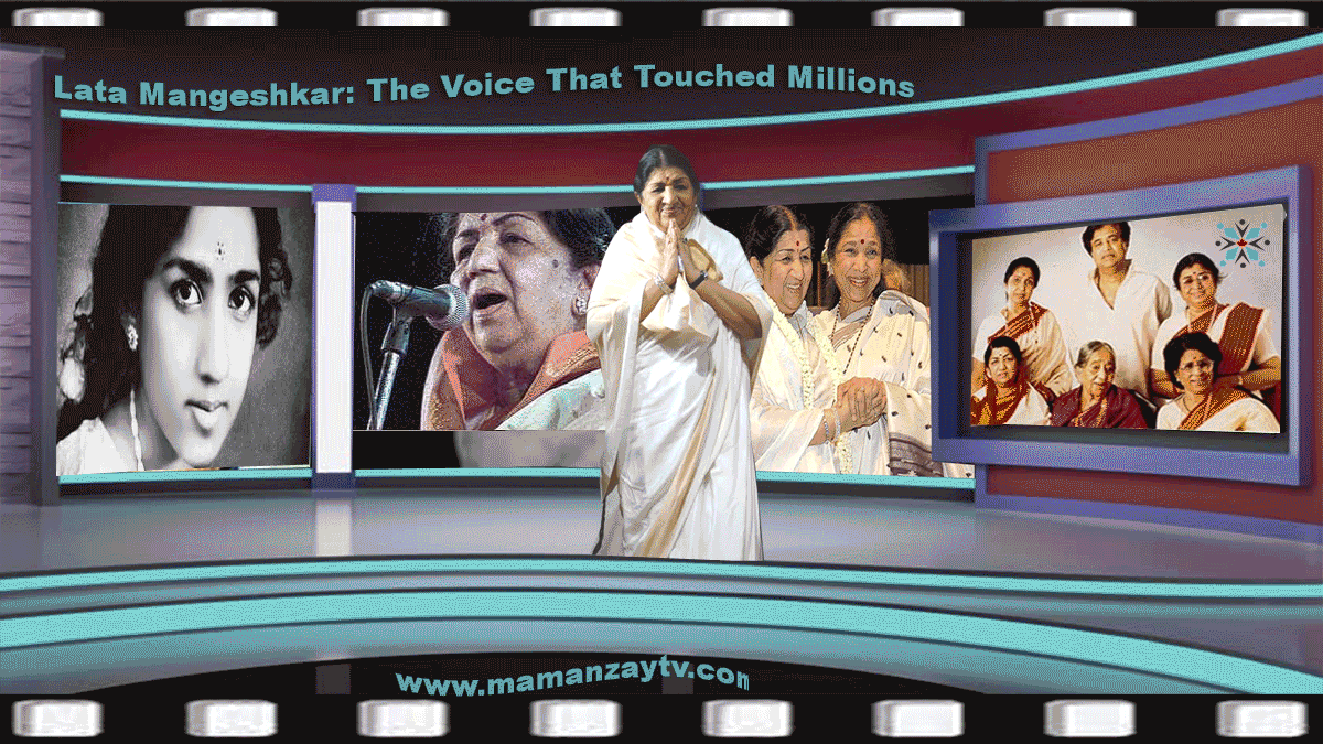 A feature tribute postcard showcasing photographs from different stages of Lata Mangeshkar's life and career within a television studio setting, including an early portrait, performance images, later-life photographs, and family moments.