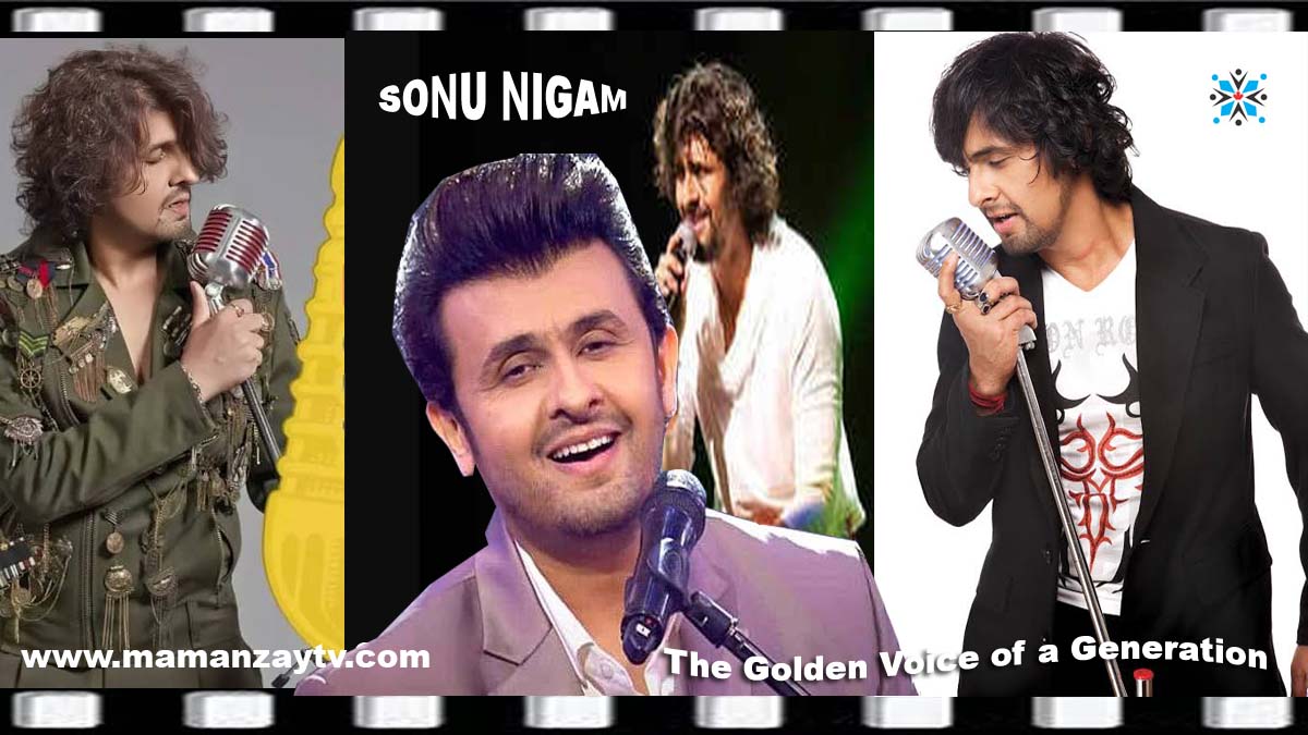 Featured collage showcasing multiple performance and studio-style images of Sonu Nigam within a cinematic film-strip design for Sahar-TV Network's tribute article, "The Golden Voice of a Generation."
