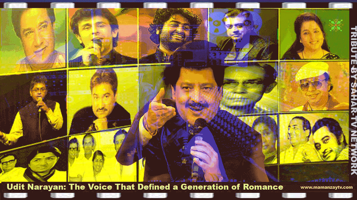 Animated tribute poster celebrating Udit Narayan, featuring a collage of legendary singers and musicians surrounding a central performance image, presented by Sahar-TV Network as part of the Musical Family Album series.